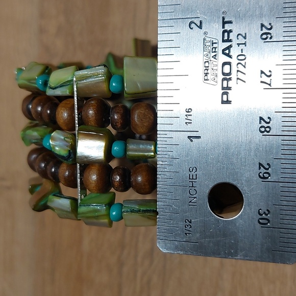 Green Brown MOP Shell and Wood Beaded Wires Wide Cuff Bracelet - Picture 6 of 6